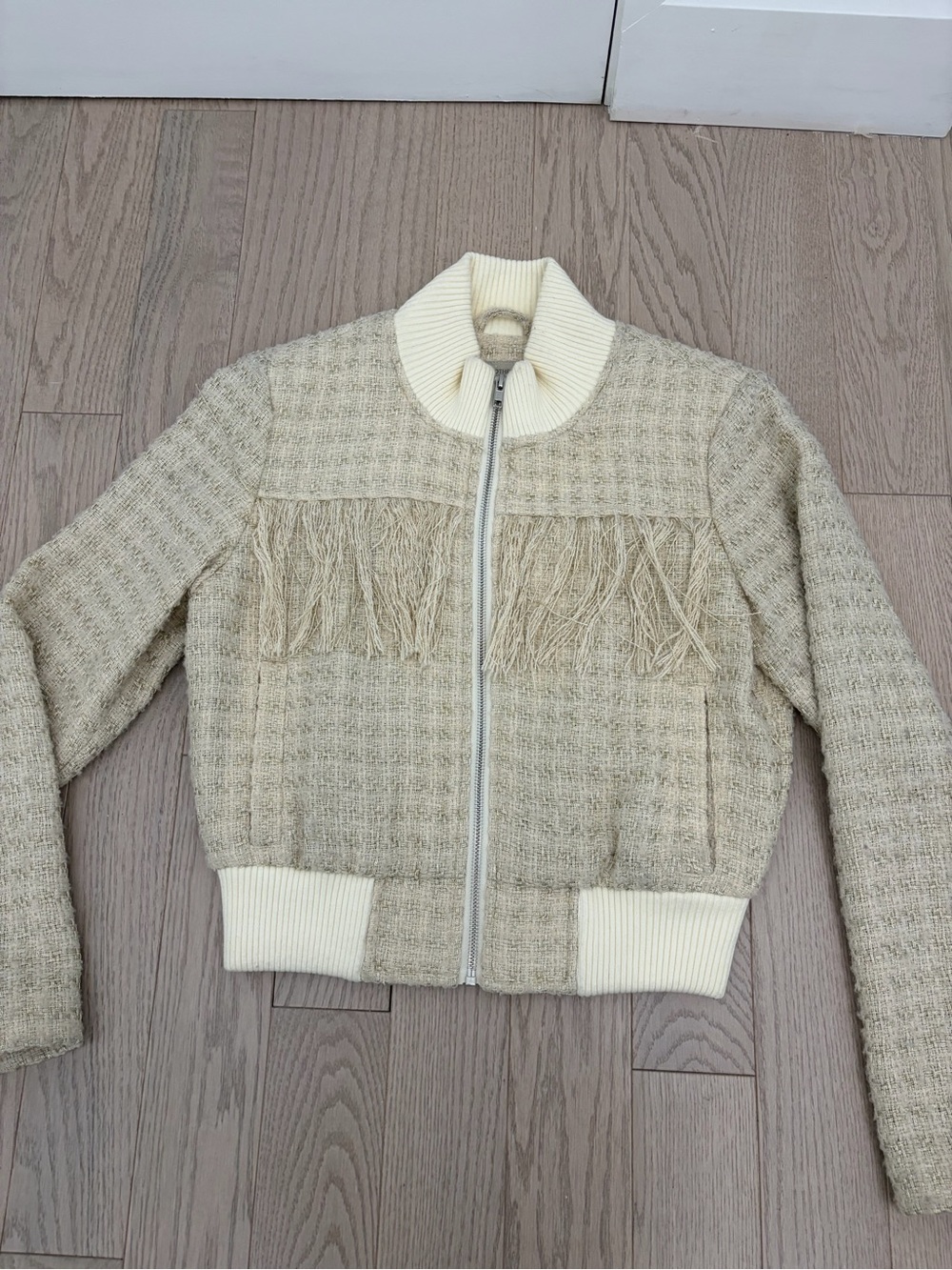 MOTHER Cream Fringe Tweed Bomber Jacket